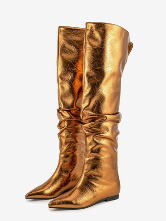 シルバーニーハイブーツ メタリックポインテッドトゥ スラウチフラットブーツ