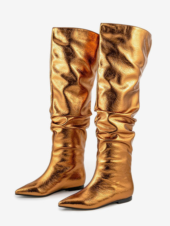 ゴールド シルバーニーハイブーツ メタリックポインテッドトゥ スラウチフラットブーツ