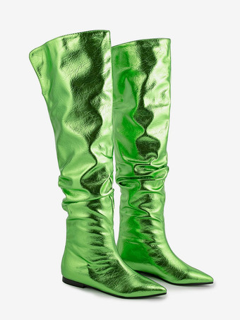 シルバーニーハイブーツ メタリックポインテッドトゥ スラウチフラットブーツ