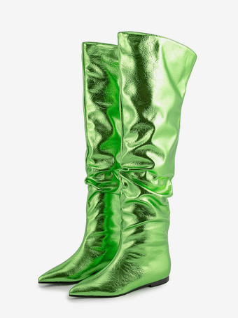 グラスグリーンシルバーニーハイブーツ メタリックポインテッドトゥ スラウチフラットブーツ