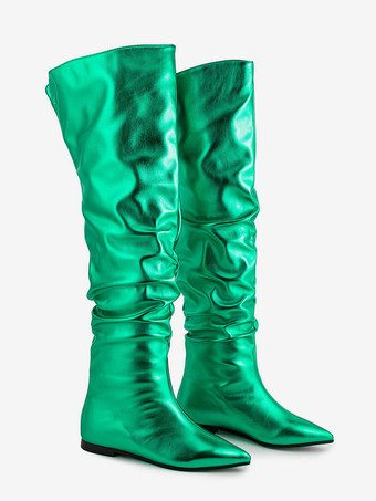 シルバーニーハイブーツ メタリックポインテッドトゥ スラウチフラットブーツ