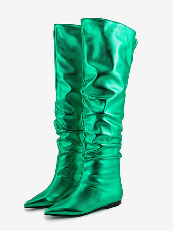 グリーン シルバーニーハイブーツ メタリックポインテッドトゥ スラウチフラットブーツ