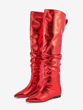 シルバーニーハイブーツ メタリックポインテッドトゥ スラウチフラットブーツ