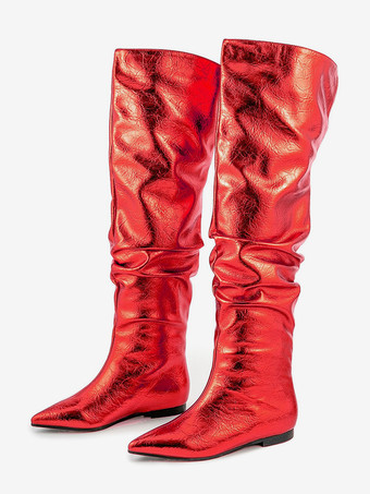レッド シルバーニーハイブーツ メタリックポインテッドトゥ スラウチフラットブーツ