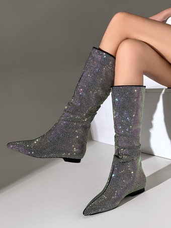 ブラック ミッドカーフブーツ レディース ラインストーン ポインテッドトゥ フラット パーティーシューズ