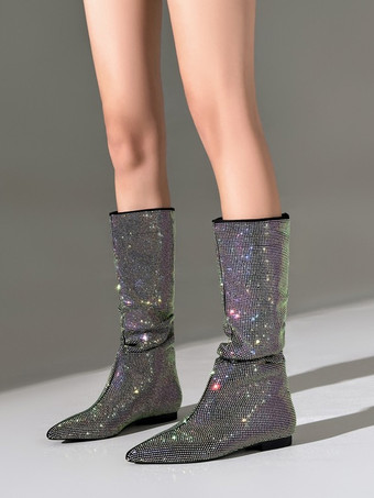 ブラック ミッドカーフブーツ レディース ラインストーン ポインテッドトゥ フラット パーティーシューズ