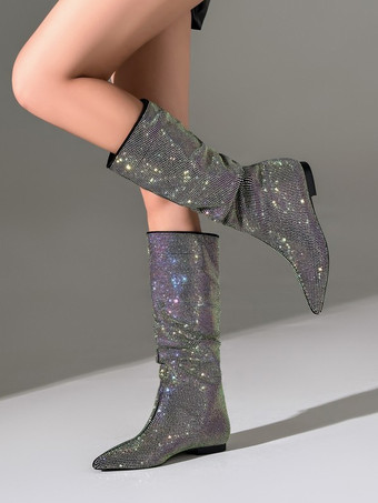 ブラック ブラック ミッドカーフブーツ レディース ラインストーン ポインテッドトゥ フラット パーティーシューズ