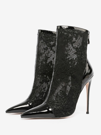 ブラック レディース アンクルブーツ ブラック レース ハイヒール ウェディングシューズ
