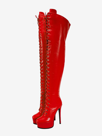 レッド ブラック レースアップ ブーツ オーバーニー プラットフォーム ハイヒール サイハイブーツ