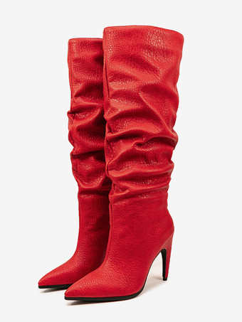 ピンクのスラウチブーツ ポインテッドトゥ ハイヒール ニーハイブーツ