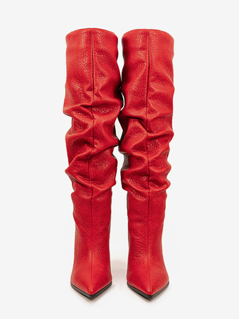 ピンクのスラウチブーツ ポインテッドトゥ ハイヒール ニーハイブーツ