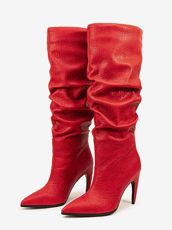 レッド ピンクのスラウチブーツ ポインテッドトゥ ハイヒール ニーハイブーツ