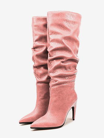 ピンクのスラウチブーツ ポインテッドトゥ ハイヒール ニーハイブーツ