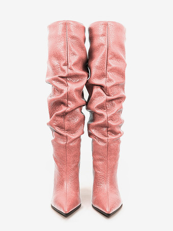 ピンクのスラウチブーツ ポインテッドトゥ ハイヒール ニーハイブーツ
