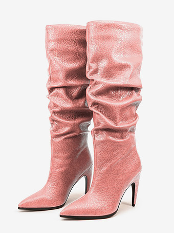 ピンクピンクのスラウチブーツ ポインテッドトゥ ハイヒール ニーハイブーツ
