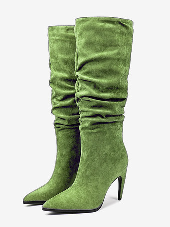 セージグリーンハイヒールニーハイブーツ スエードアッパー ポインテッドトゥ デザインヒール スラウチブーツ