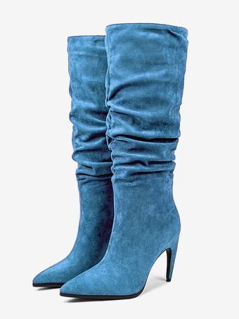 ライトスカイブルーハイヒールニーハイブーツ スエードアッパー ポインテッドトゥ デザインヒール スラウチブーツ