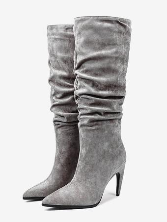 ライトグレーハイヒールニーハイブーツ スエードアッパー ポインテッドトゥ デザインヒール スラウチブーツ