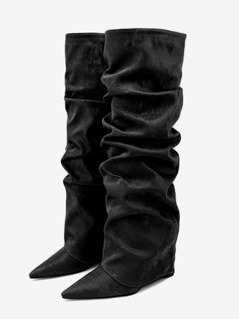 ブラック レディース ニーハイブーツ スエード ポインテッドトゥ フォールドオーバー フラット スラウチブーツ