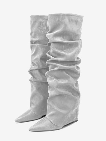 シルバー レディース ニーハイブーツ スエード ポインテッドトゥ フォールドオーバー フラット スラウチブーツ