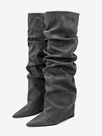 グレイレディース ニーハイブーツ スエード ポインテッドトゥ フォールドオーバー フラット スラウチブーツ