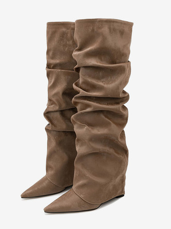 ブラウンレディース ニーハイブーツ スエード ポインテッドトゥ フォールドオーバー フラット スラウチブーツ