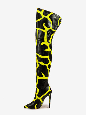 オーバーニーブーツ ポインテッドトゥ プリントハイヒール サイハイブーツ