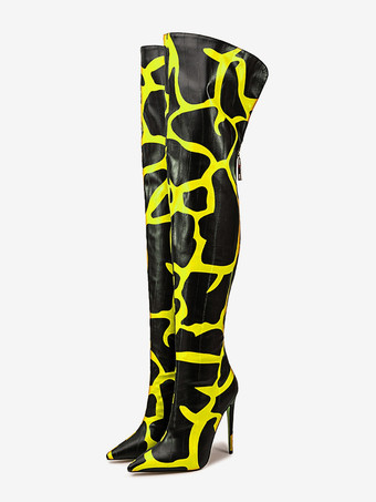 イエローオーバーニーブーツ ポインテッドトゥ プリントハイヒール サイハイブーツ