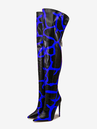 ブルー オーバーニーブーツ ポインテッドトゥ プリントハイヒール サイハイブーツ