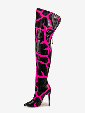 ローズレッドオーバーニーブーツ ポインテッドトゥ プリントハイヒール サイハイブーツ
