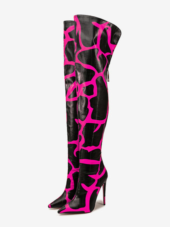 オーバーニーブーツ ポインテッドトゥ プリントハイヒール サイハイブーツ
