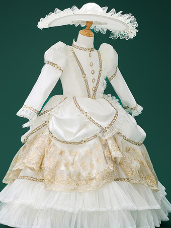 ホワイト レトロ コスチューム フリル マリー アントワネット コスチューム ポリエステル ジャカード 帽子 女の子用 ユーロスタイル チュニック パーティー プロム ドレス