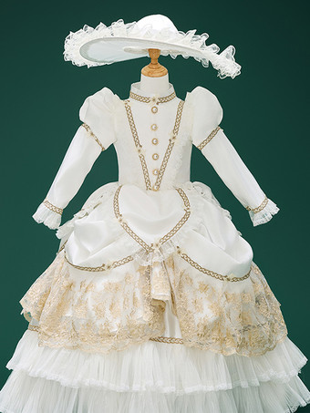 ホワイト レトロ コスチューム フリル マリー アントワネット コスチューム ポリエステル ジャカード 帽子 女の子用 ユーロスタイル チュニック パーティー プロム ドレス