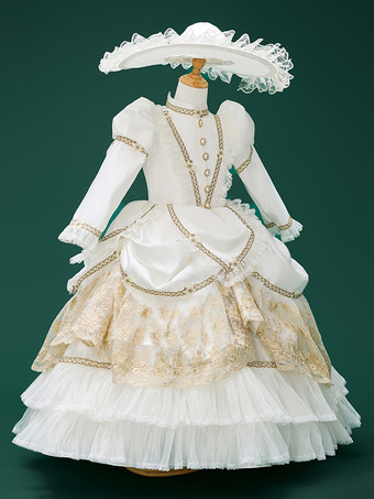 ホワイト レトロ コスチューム フリル マリー アントワネット コスチューム ポリエステル ジャカード 帽子 女の子用 ユーロスタイル チュニック パーティー プロム ドレス