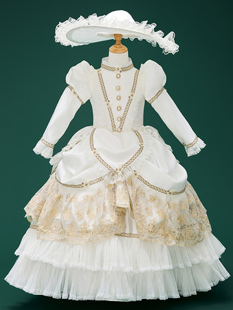 ホワイト ホワイト レトロ コスチューム フリル マリー アントワネット コスチューム ポリエステル ジャカード 帽子 女の子用 ユーロスタイル チュニック パーティー プロム ドレス