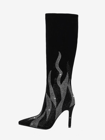 ブラック スエードニーブーツ レディース ブラック パッチワーク ラインストーン ハイヒール パーティーブーツ