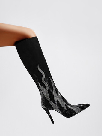 スエードニーブーツ レディース ブラック パッチワーク ラインストーン ハイヒール パーティーブーツ