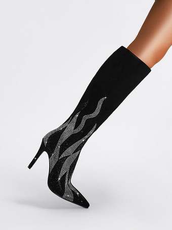 スエードニーブーツ レディース ブラック パッチワーク ラインストーン ハイヒール パーティーブーツ