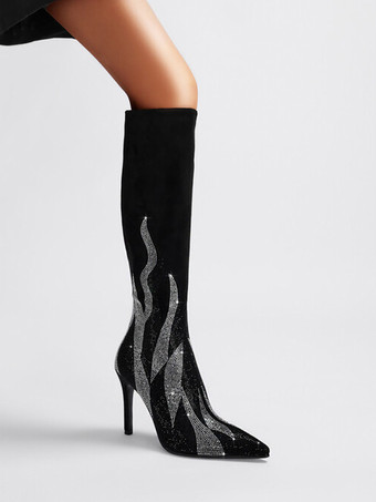 スエードニーブーツ レディース ブラック パッチワーク ラインストーン ハイヒール パーティーブーツ