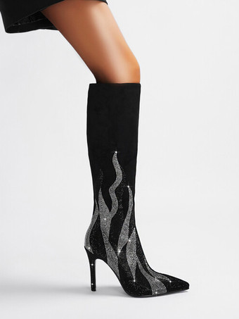 スエードニーブーツ レディース ブラック パッチワーク ラインストーン ハイヒール パーティーブーツ