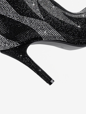 スエードニーブーツ レディース ブラック パッチワーク ラインストーン ハイヒール パーティーブーツ