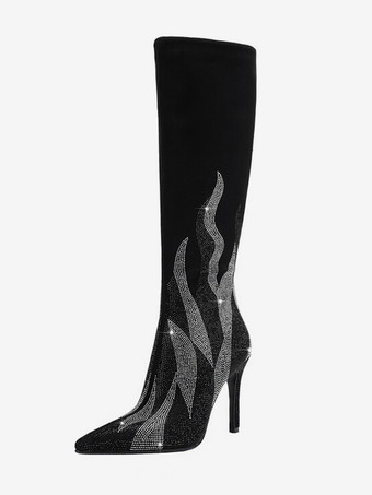 スエードニーブーツ レディース ブラック パッチワーク ラインストーン ハイヒール パーティーブーツ