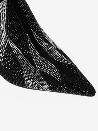 スエードニーブーツ レディース ブラック パッチワーク ラインストーン ハイヒール パーティーブーツ