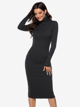 ブラック 女性用ニットドレス 快適なポリエステル 長袖 ハイカラー