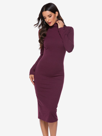 女性用ニットドレス 快適なポリエステル 長袖 ハイカラー