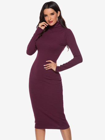 女性用ニットドレス 快適なポリエステル 長袖 ハイカラー