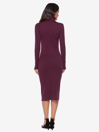 女性用ニットドレス 快適なポリエステル 長袖 ハイカラー