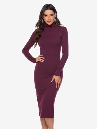 ワインレッド 女性用ニットドレス 快適なポリエステル 長袖 ハイカラー