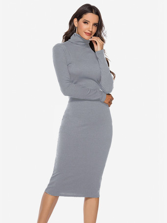グレイ女性用ニットドレス 快適なポリエステル 長袖 ハイカラー
