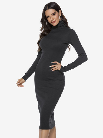 女性用ニットドレス 快適なポリエステル 長袖 ハイカラー